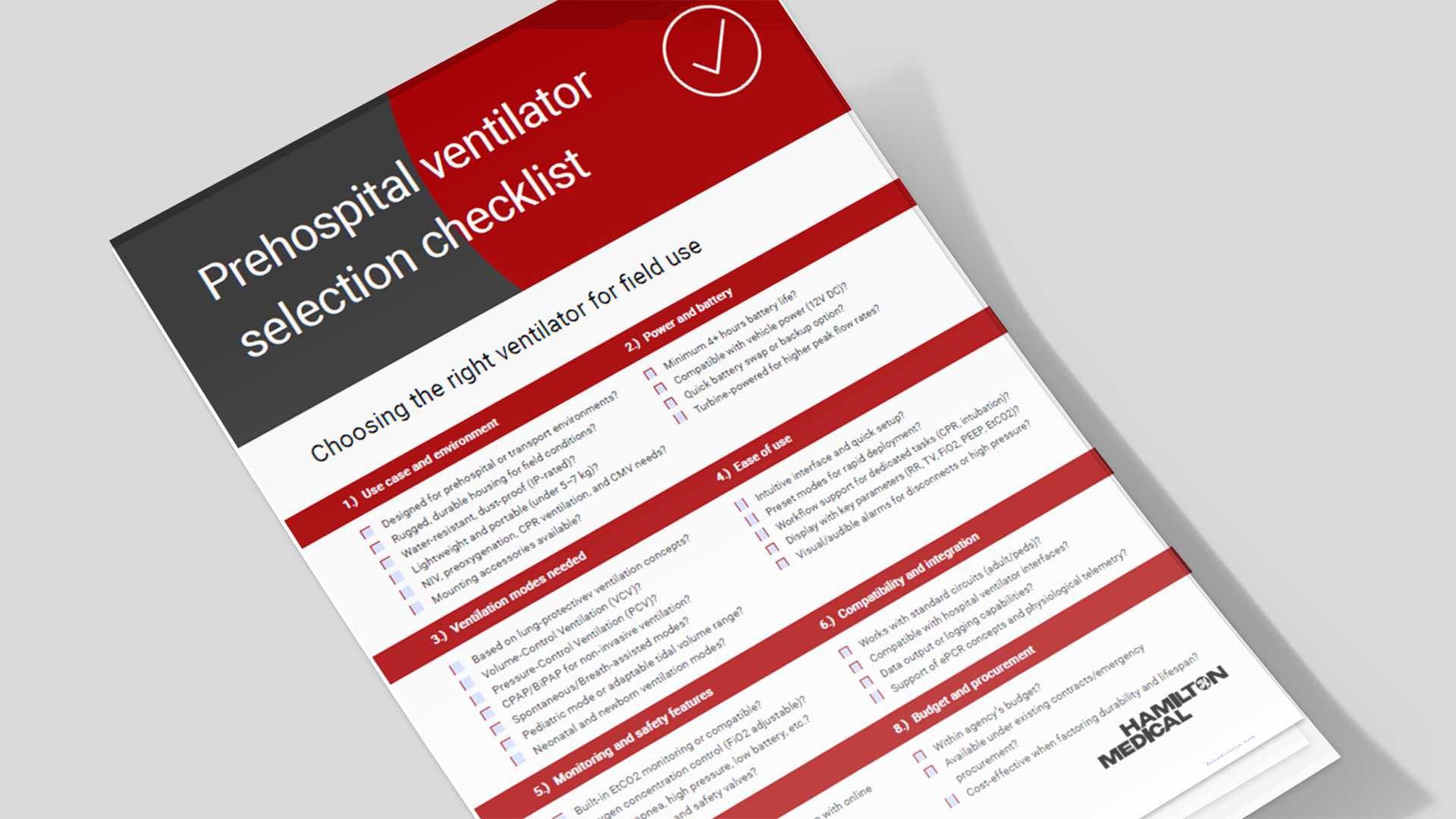 Ventilator selection checklist document for prehospital and EMS teams