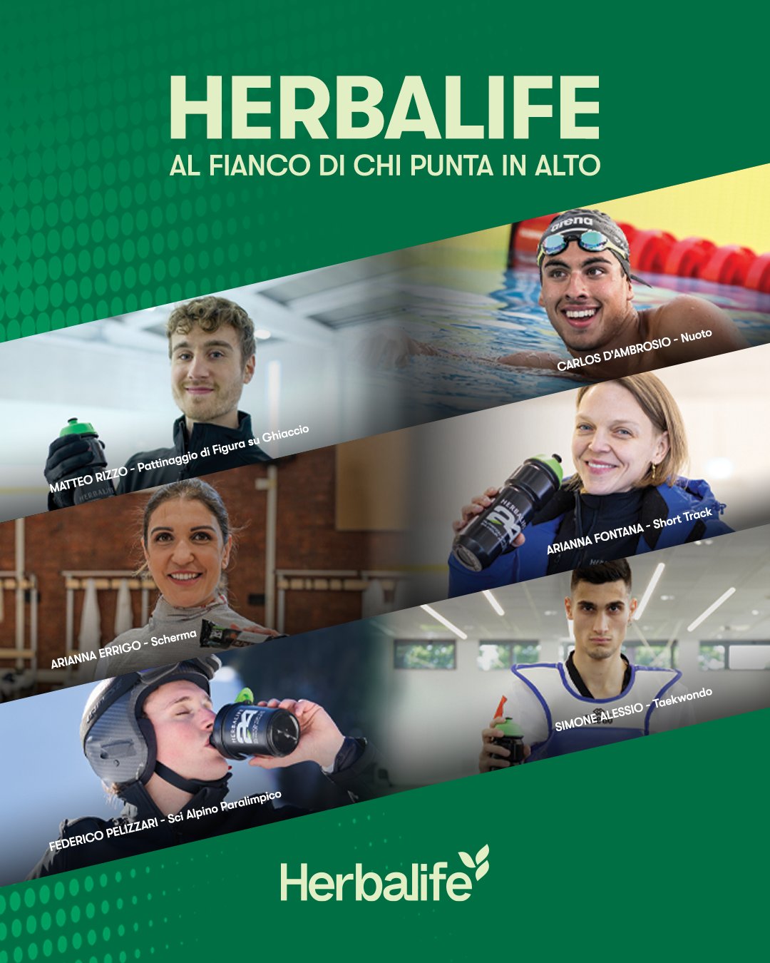 Collage ufficiale Herbalife Italia con atleti di nuoto, scherma, pattinaggio, taekwondo e sci