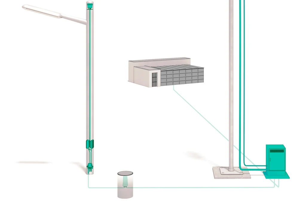 Illustration of fibre-optic FTTA/PTTA equipment mounted on utility poles, connecting network infrastructure to a building.