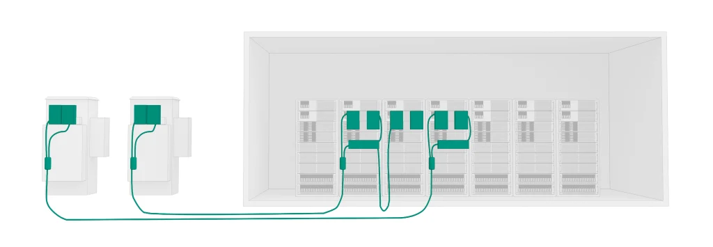Illustration of C6ISR intelligence & cybersecurity infrastructure, showing fibre-optic connections between communication units and a secure server rack.