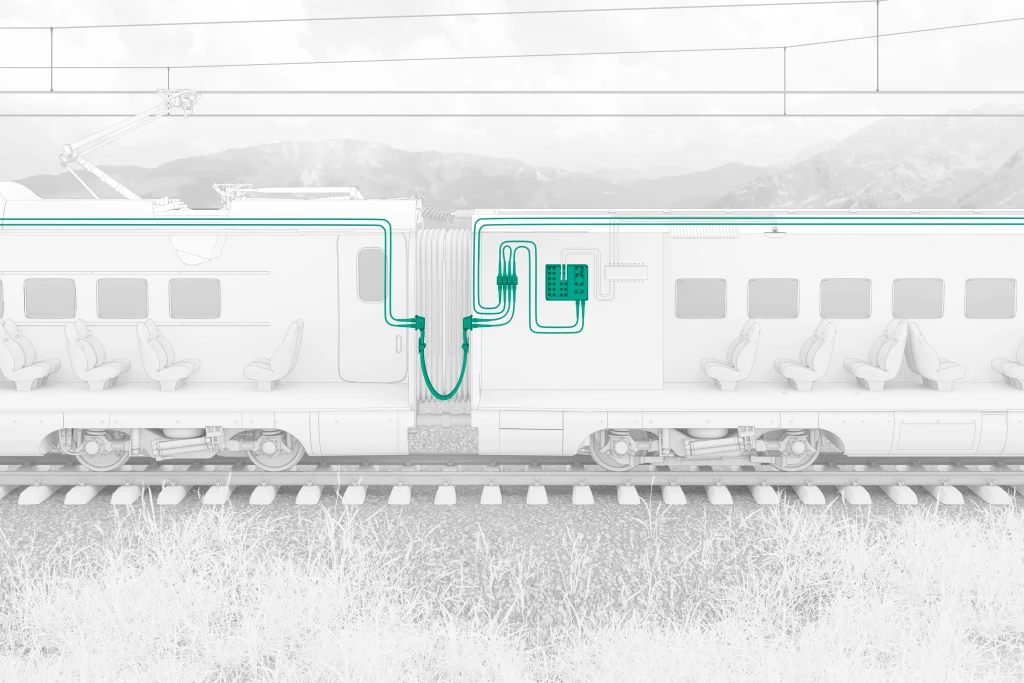 Illustration eines Hochgeschwindigkeitszugs mit hervorgehobenen Übergangskabelsystemen zwischen den Fahrzeugen.