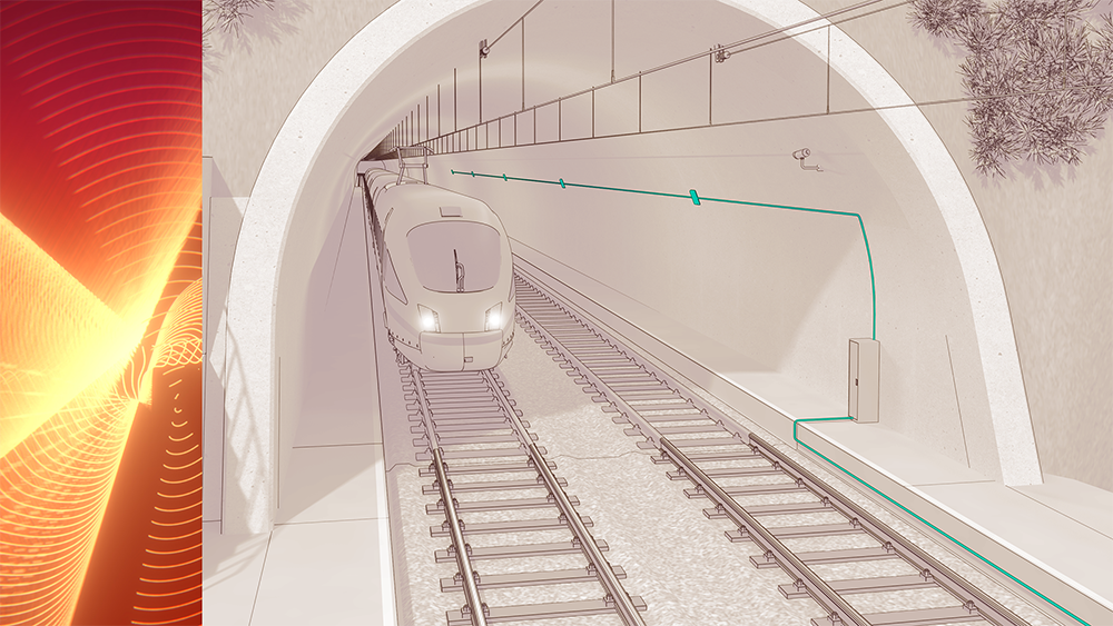 Train passing through tunnel with installed communication cable