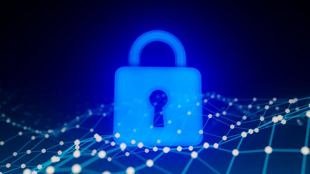 Digital network security concept featuring a blue padlock over a connected data network Digital network security concept featuring a blue padlock over a connected data network