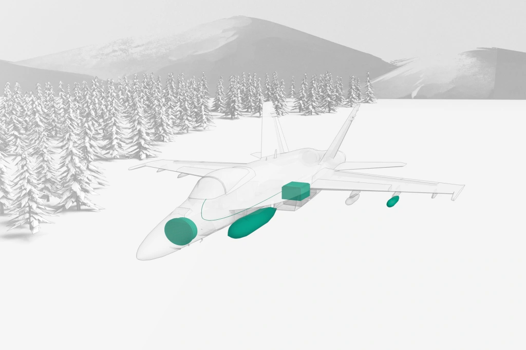 Military jet with integrated radar and communication equipment operating over a mountainous forest region. Military jet with integrated radar and communication equipment operating over a mountainous forest region.