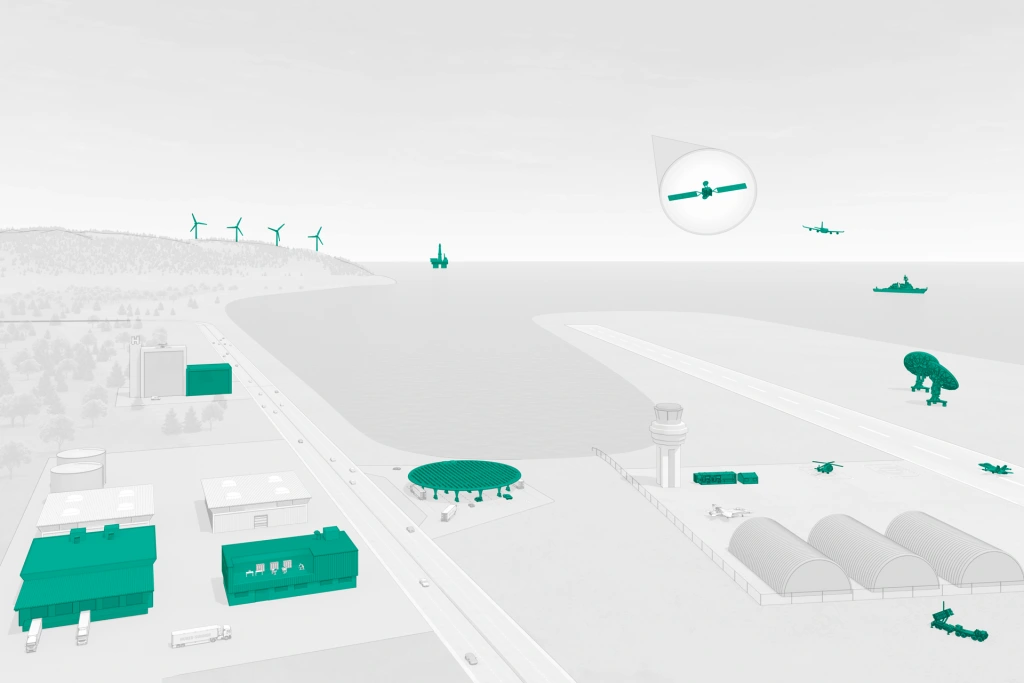 Illustration showing green highlighted buildings, technical installations and vehicles in an outdoor landscape environment