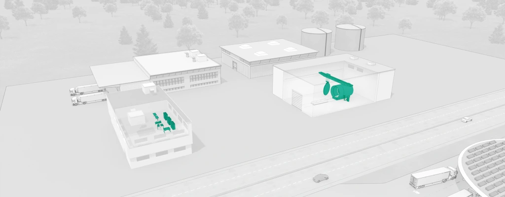 Industrial facility with helicopter in a hangar, office building and equipment, illustrating connected aviation infrastructure. Industrial facility with helicopter in a hangar, office building and equipment, illustrating connected aviation infrastructure.