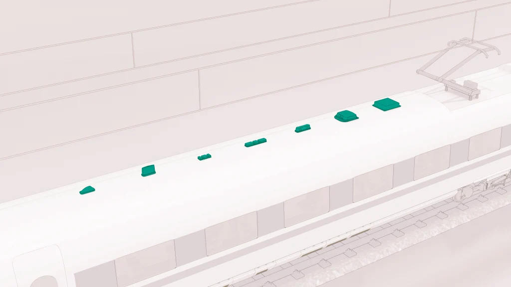 Roof-mounted railway antenna positions illustrated on a train for wireless communication and connectivity systems Roof-mounted railway antenna positions illustrated on a train for wireless communication and connectivity systems