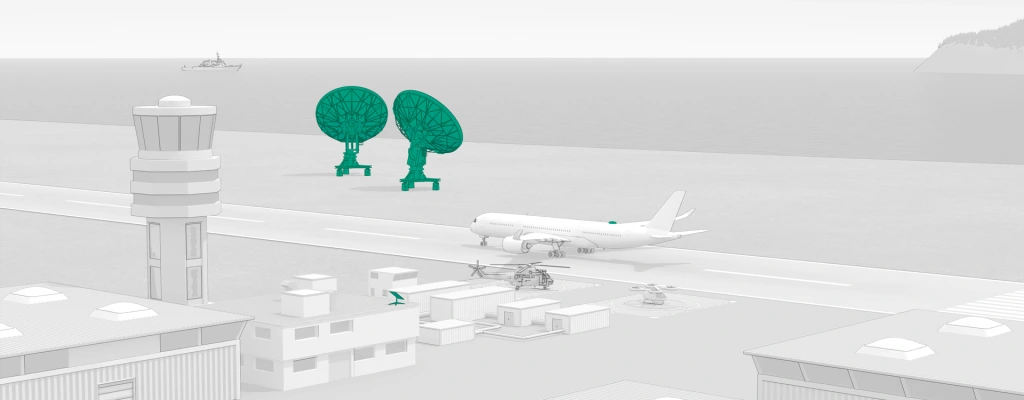 Aircraft at an airport with control tower and satellite dishes, illustrating ground-to-air communication systems. Aircraft at an airport with control tower and satellite dishes, illustrating ground-to-air communication systems.