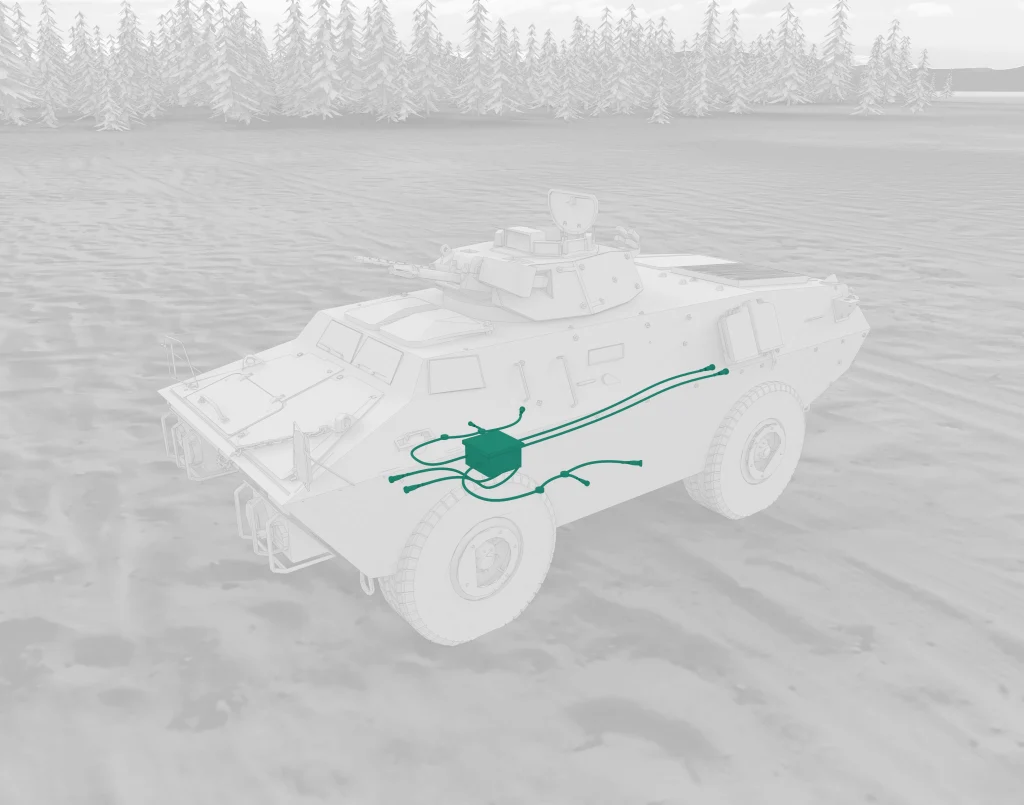 Armoured vehicle showing cable assemblies linking onboard equipment and mission systems. Armoured vehicle showing cable assemblies linking onboard equipment and mission systems.