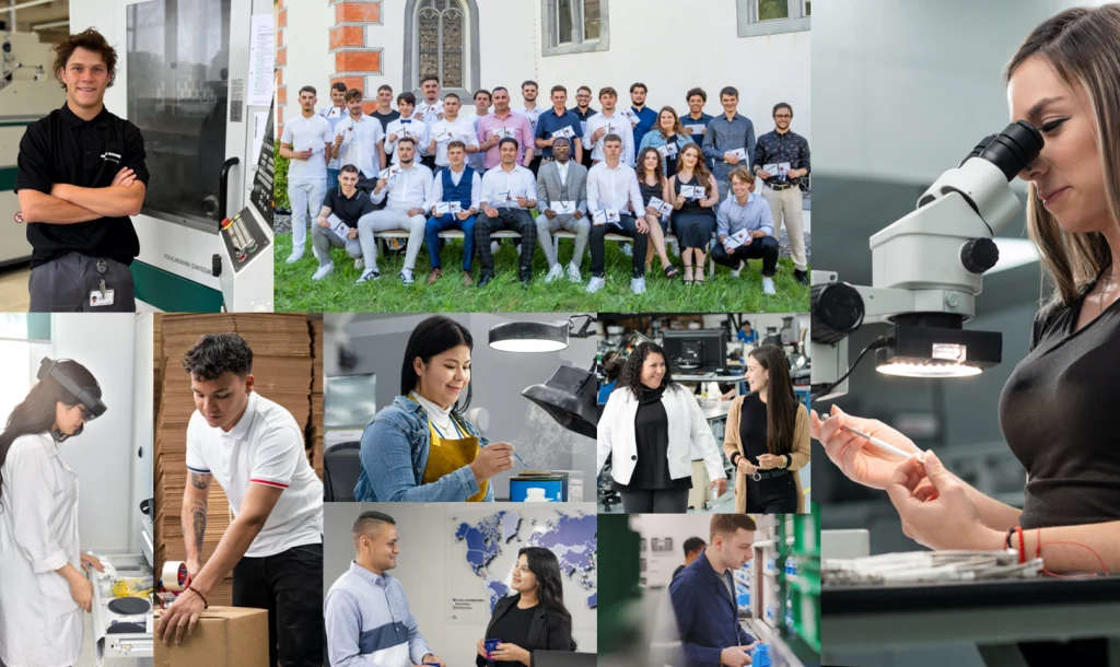 Collage mit verschiedenen jungen Menschen am Arbeitsplatz, z. B. in der Logistik oder bei der Arbeit mit einem Mikroskop. Collage mit verschiedenen jungen Menschen am Arbeitsplatz, z. B. in der Logistik oder bei der Arbeit mit einem Mikroskop.