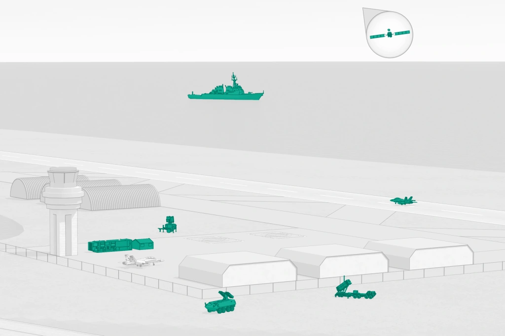 Military airbase with aircraft, naval vessel, radar systems and tactical vehicles connected through defence communication networks. Military airbase with aircraft, naval vessel, radar systems and tactical vehicles connected through defence communication networks.