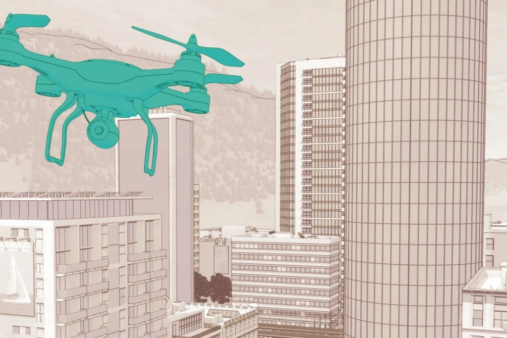A drone pictured in a illustrated city enviroment