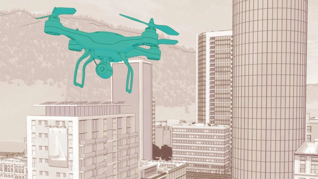 Advanced air mobility Drone flying above an urban area