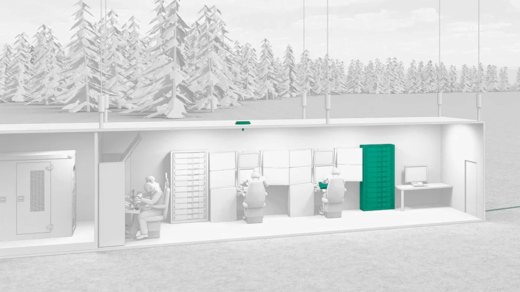 Illustration of an underground network operations room with technicians, server cabinets, and communications equipment beneath a forest landscape. Illustration of an underground network operations room with technicians, server cabinets, and communications equipment beneath a forest landscape.