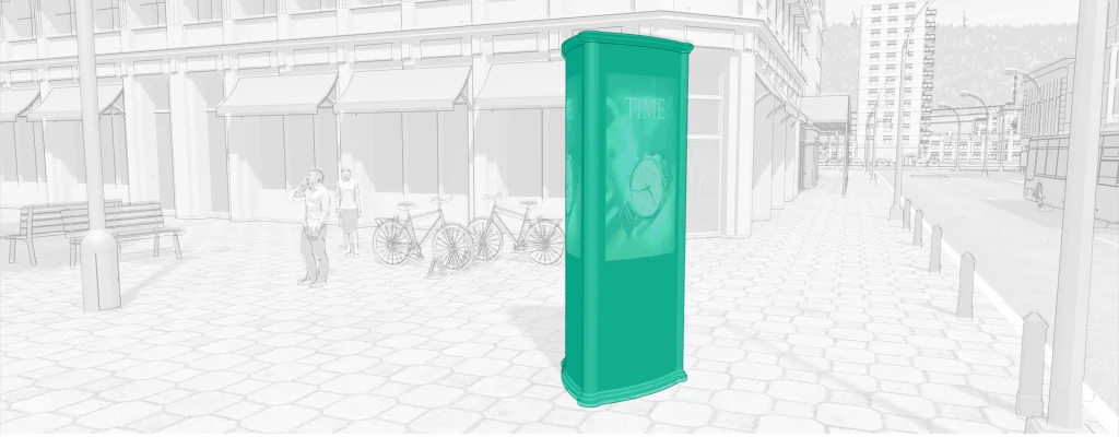 Small cell antenna integrated into a streetscape installation, providing mobile network coverage in a dense urban environment.