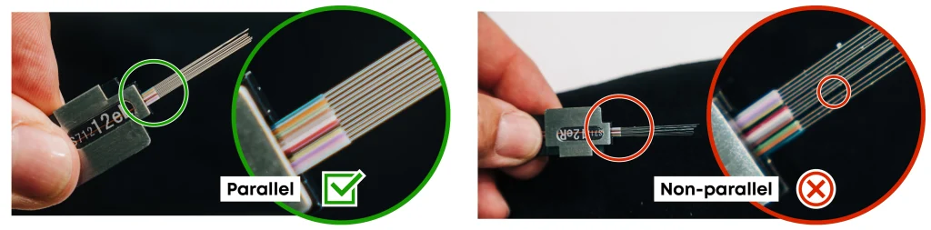 Verify fiber alignment post-stripping in parallel and non-parallel position