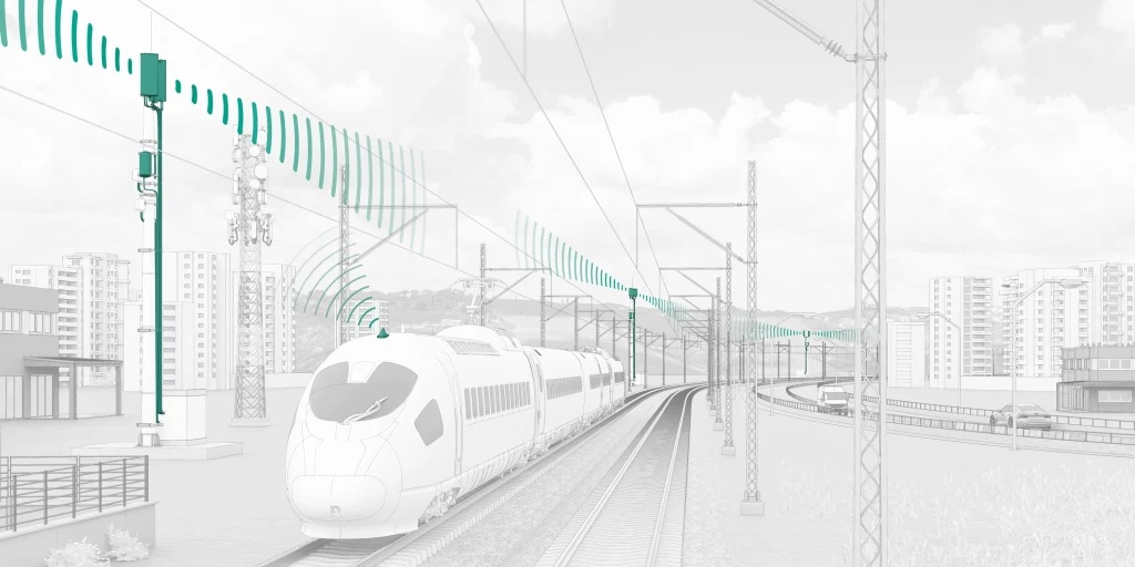 Hochgeschwindigkeitszug auf einer elektrifizierten Bahnstrecke mit hervorgehobenen FRMCS-Funksignalen und streckenseitiger Konnektivitätsinfrastruktur. Hochgeschwindigkeitszug auf einer elektrifizierten Bahnstrecke mit hervorgehobenen FRMCS-Funksignalen und streckenseitiger Konnektivitätsinfrastruktur.