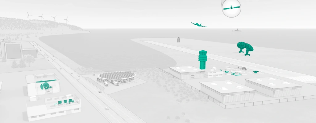 Airport campus with control tower, helicopter facility, satellite antenna and aircraft, illustrating integrated aerospace communications. Airport campus with control tower, helicopter facility, satellite antenna and aircraft, illustrating integrated aerospace communications.