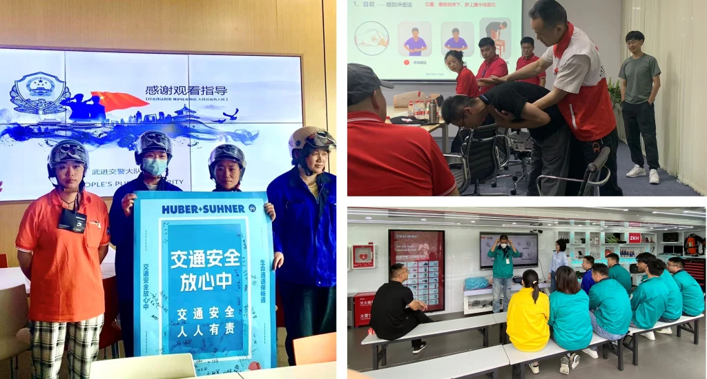 Verschiedene Arbeitssicherheits-Aktivitäten finden in China während des "Sicherheitsmonats" Juni jährlich statt. Collage von Bildern von Gesundheits- und Sicherheitsübungen in China