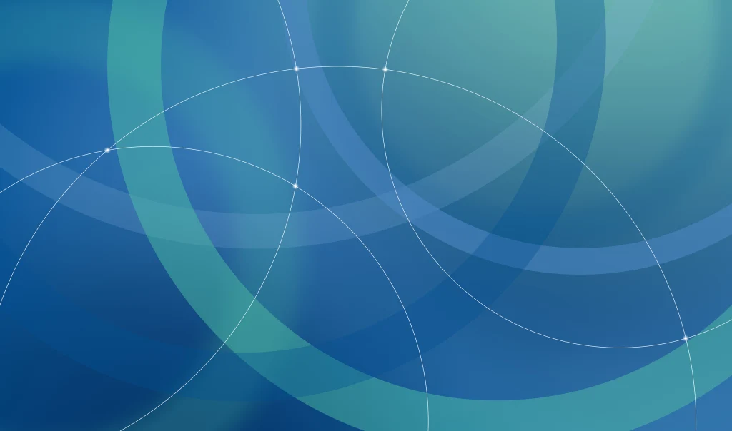 Abstrakte blaue Grafik mit überlappenden weissen Linien und transparenten Kreiselementen