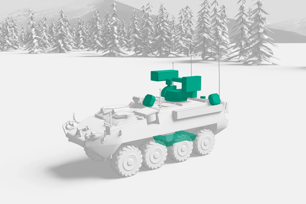 Armoured vehicle showing cable assemblies linking onboard equipment and mission systems. Armoured vehicle showing cable assemblies linking onboard equipment and mission systems.