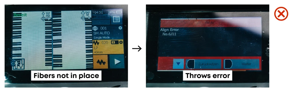 Double-check fiber positioning before splicing showing image throwing error