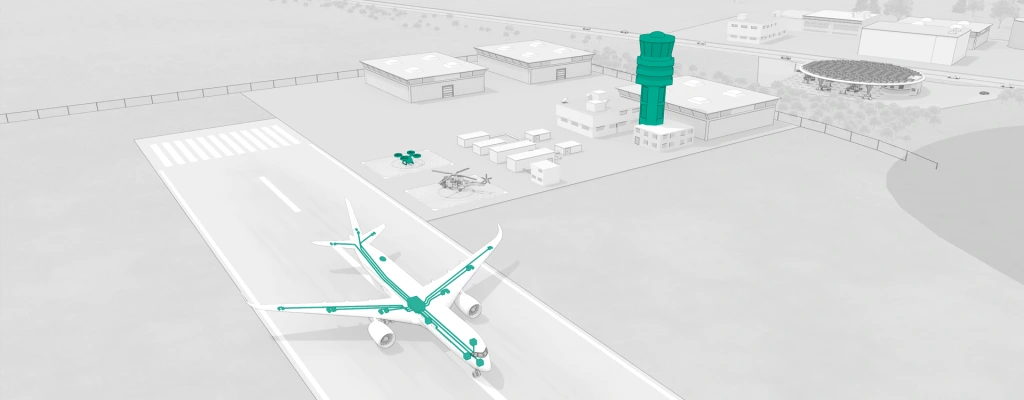 Passenger aircraft on runway near control tower, illustrating airport communication, data and connectivity infrastructure.