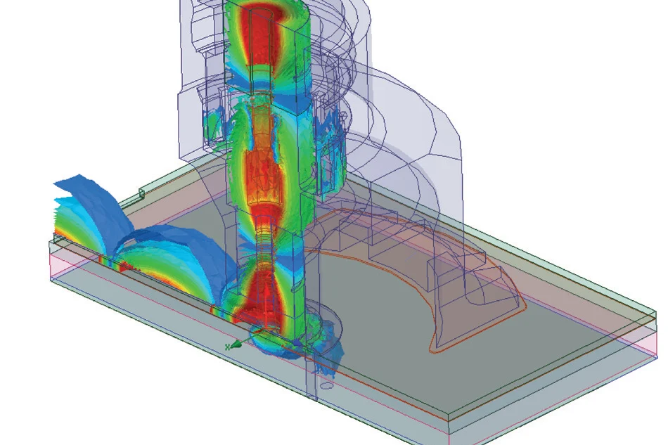 3D-Simulation eines HF-Koaxialsteckverbinders mit Farbdarstellung der Feldverteilung.