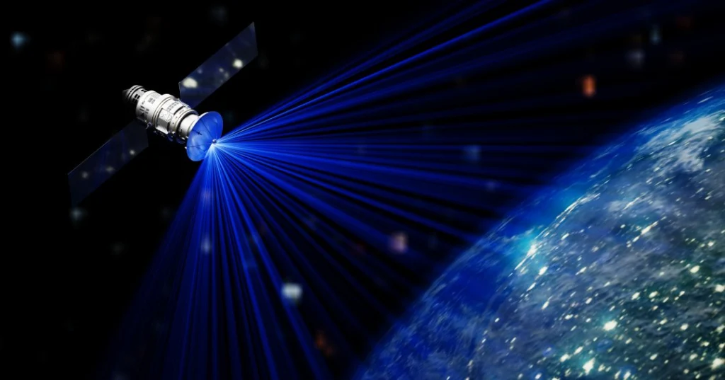 Satellite in space sending signal to earth Satellite in space sending signal to earth