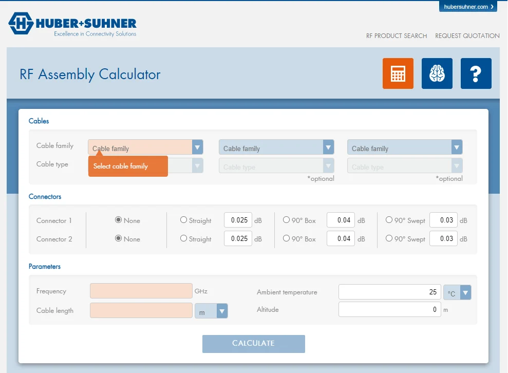 Screenshot of the HUBER+SUHNER RF Assembly Calculator with fields for cable selection, connector options, frequency, cable length, temperature, and altitude.