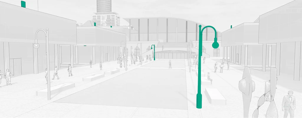 Urban pedestrian street with highlighted smart streetlights and wireless network equipment integrated into the city environment.