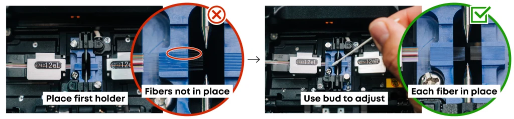 Proper fiber placement in the splicer showing first holder placement and each fiber in place