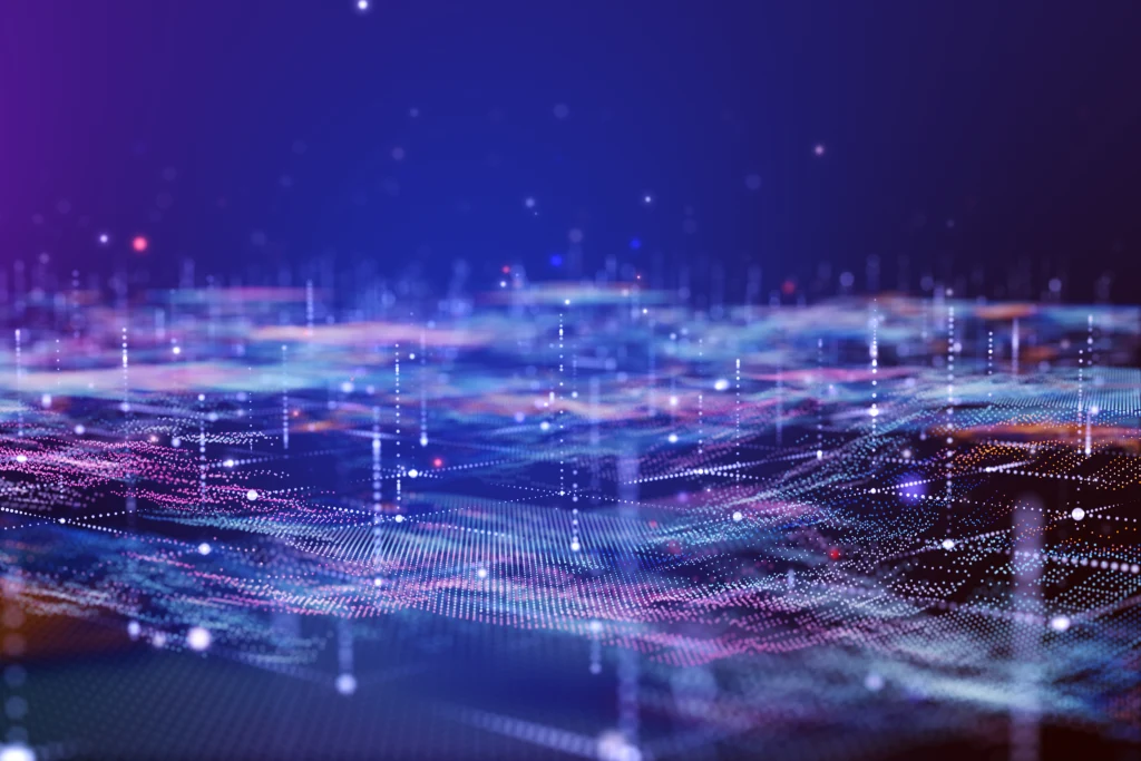 Futuristische digitale Geologielandschaft mit digitaler Datentelemetrie und topografischen Ingenieurkonturlinien. 3D-Drahtgitterkartografie-Konzept.