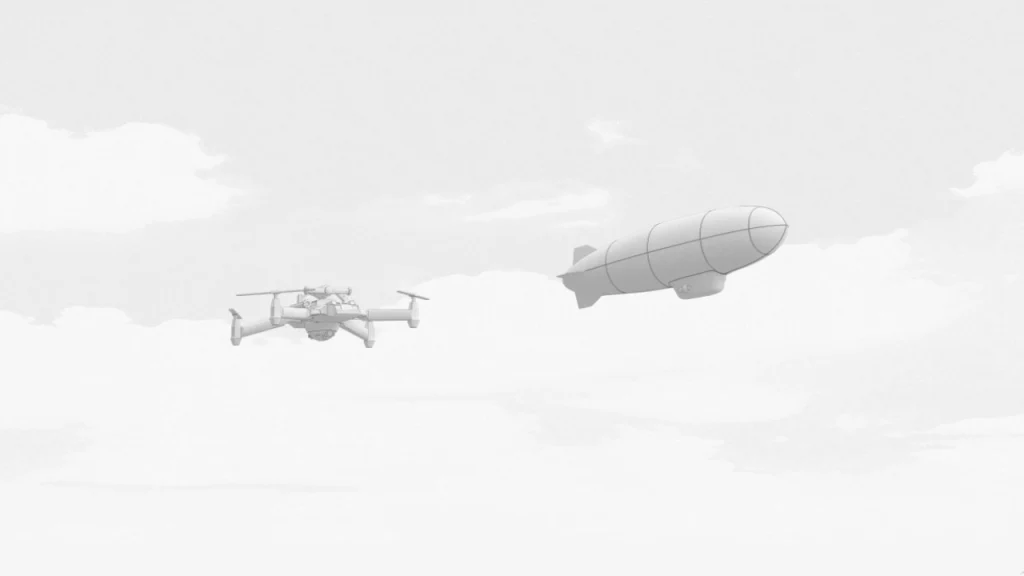 Drone and airship operating in the sky as part of an airborne communication and surveillance network. Drone and airship operating in the sky as part of an airborne communication and surveillance network.