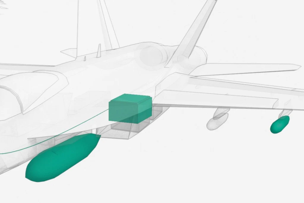 Militärflugzeug über einer bewaldeten Landschaft mit hervorgehobenen Bordsystemen und Ausrüstung. Militärflugzeug über einer bewaldeten Landschaft mit hervorgehobenen Bordsystemen und Ausrüstung.