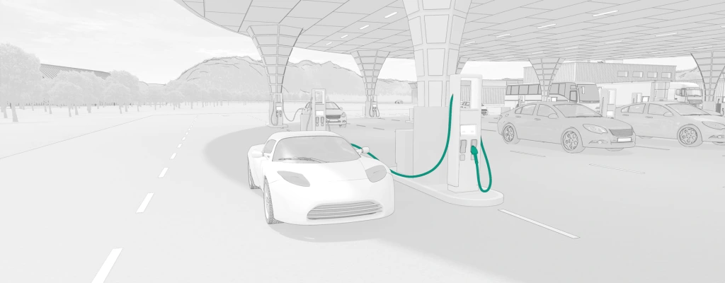 Elektro-Pkw an einer High-Power-Ladestation unter einem überdachten Mobilitätshub, mit weiteren Fahrzeugen im Hintergrund. Elektro-Pkw an einer High-Power-Ladestation unter einem überdachten Mobilitätshub, mit weiteren Fahrzeugen im Hintergrund.