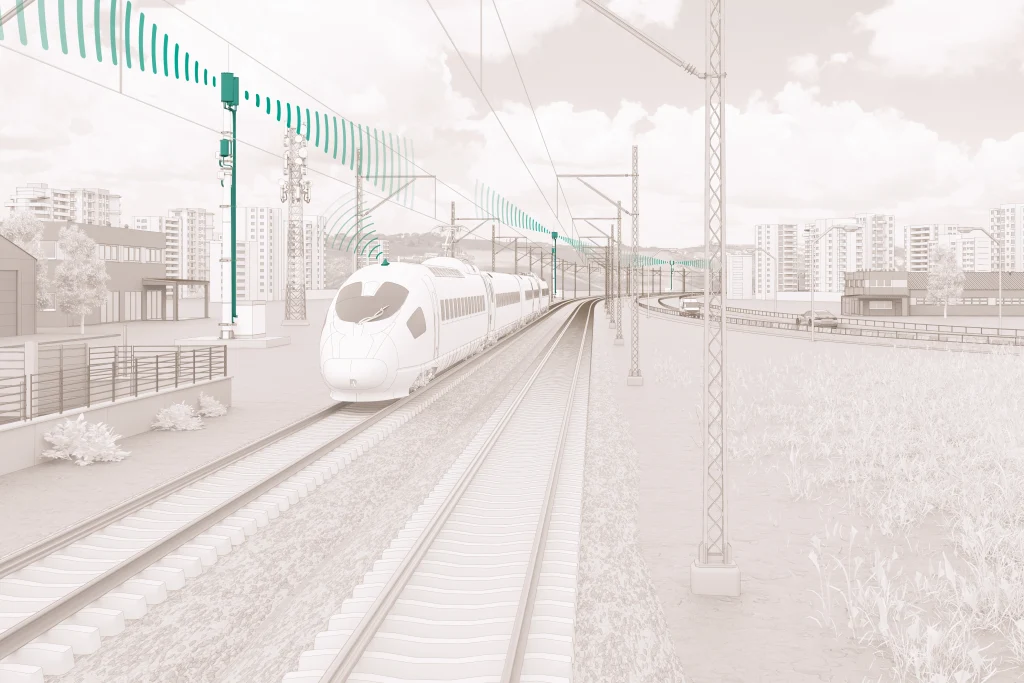 Hochgeschwindigkeitszug auf einer elektrifizierten Bahnstrecke mit hervorgehobenen FRMCS-Funksignalen und streckenseitiger Konnektivitätsinfrastruktur.