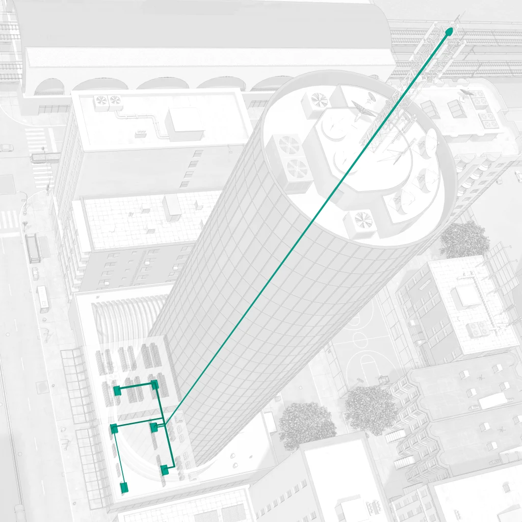 Illustration of a telecommunication enterprise building, Syncro GNSS with Power over Fiber technology (PoF), L1 and L2 application