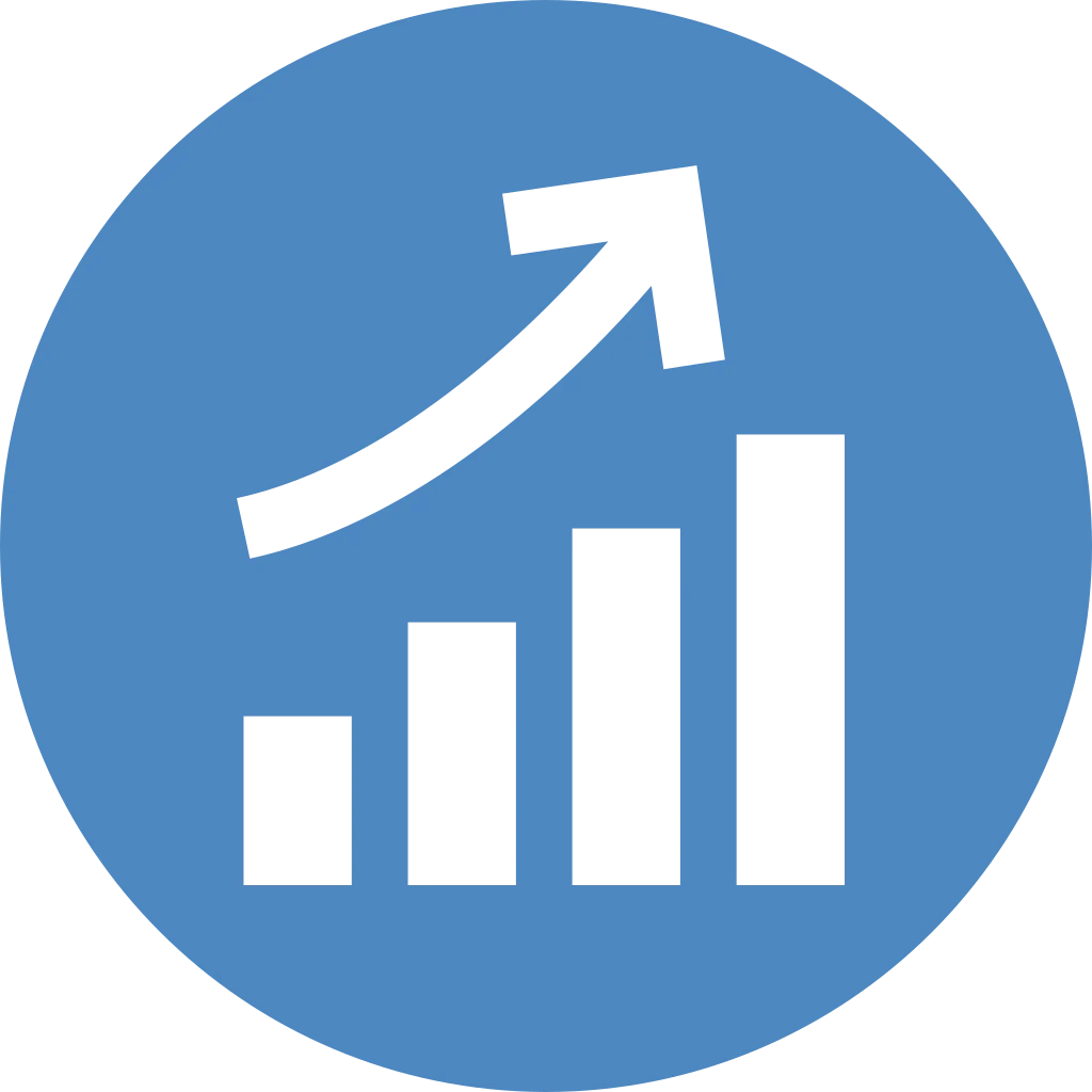 Weisses Icon eines steigenden Balkendiagramms mit Aufwärtspfeil in einem blauen Kreis, das Wachstum, Leistung oder geschäftlichen Erfolg symbolisiert.