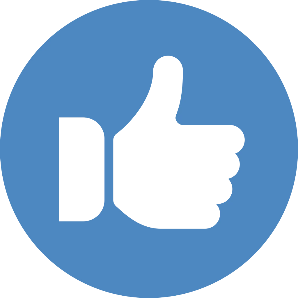 Weißes Symbol eines Daumen-hoch-Zeichens, dargestellt in einem blauen Kreis.