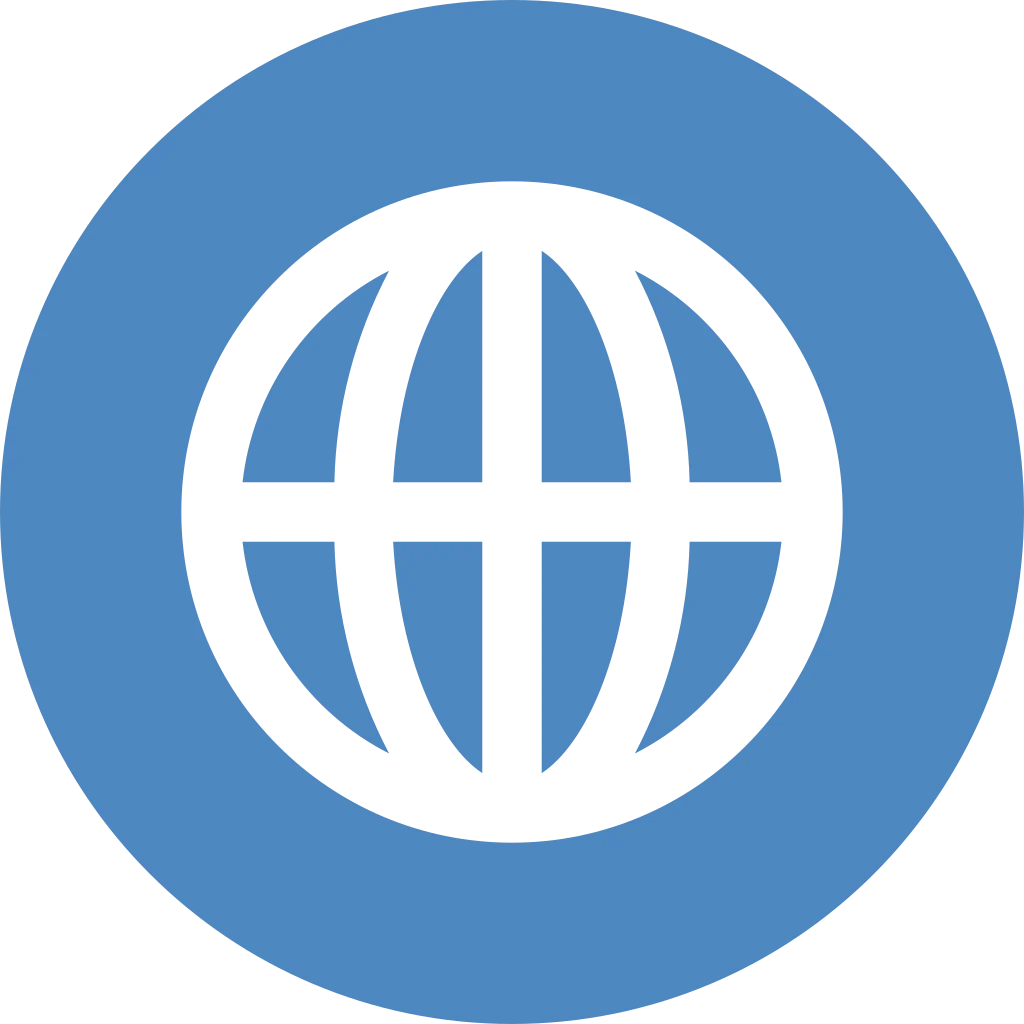 Weißes Globus-Symbol mit Längen- und Breitengraden innerhalb eines blauen Kreises.