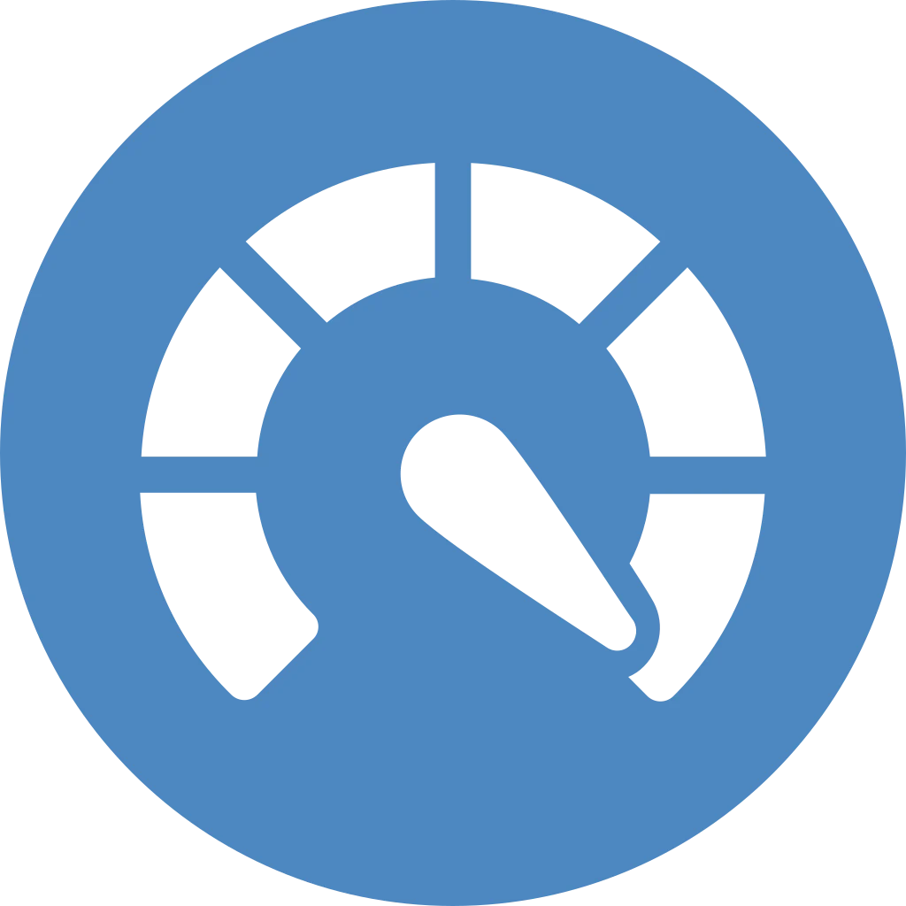 White icon of a speedometer gauge inside a blue circle