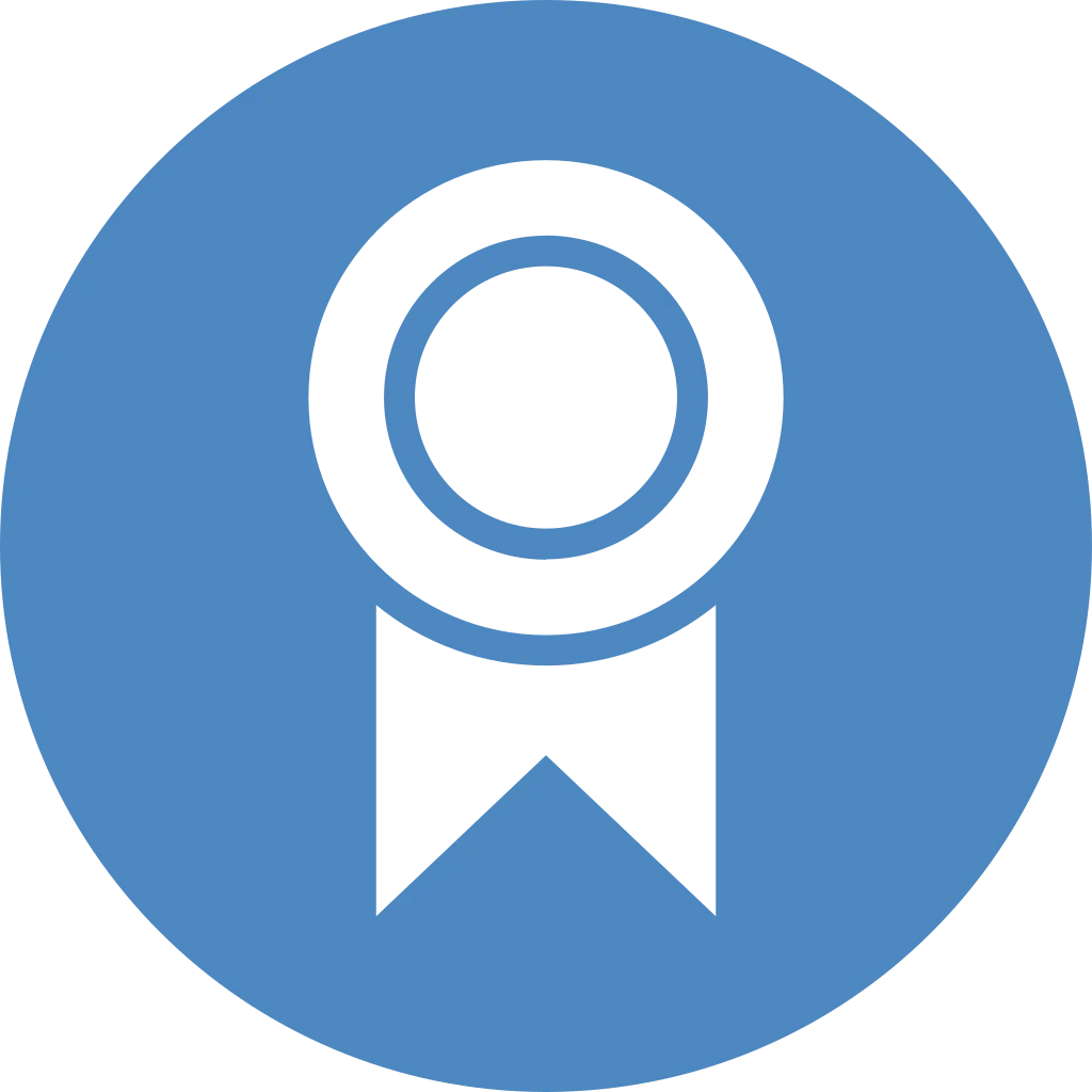 White icon of an award ribbon badge inside a blue circle
