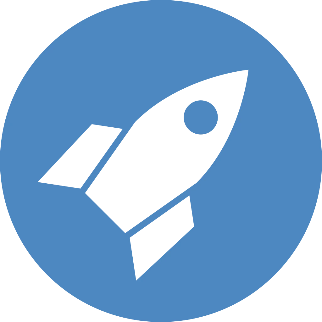 Weißes Symbol einer startenden Rakete innerhalb eines blauen Kreises.