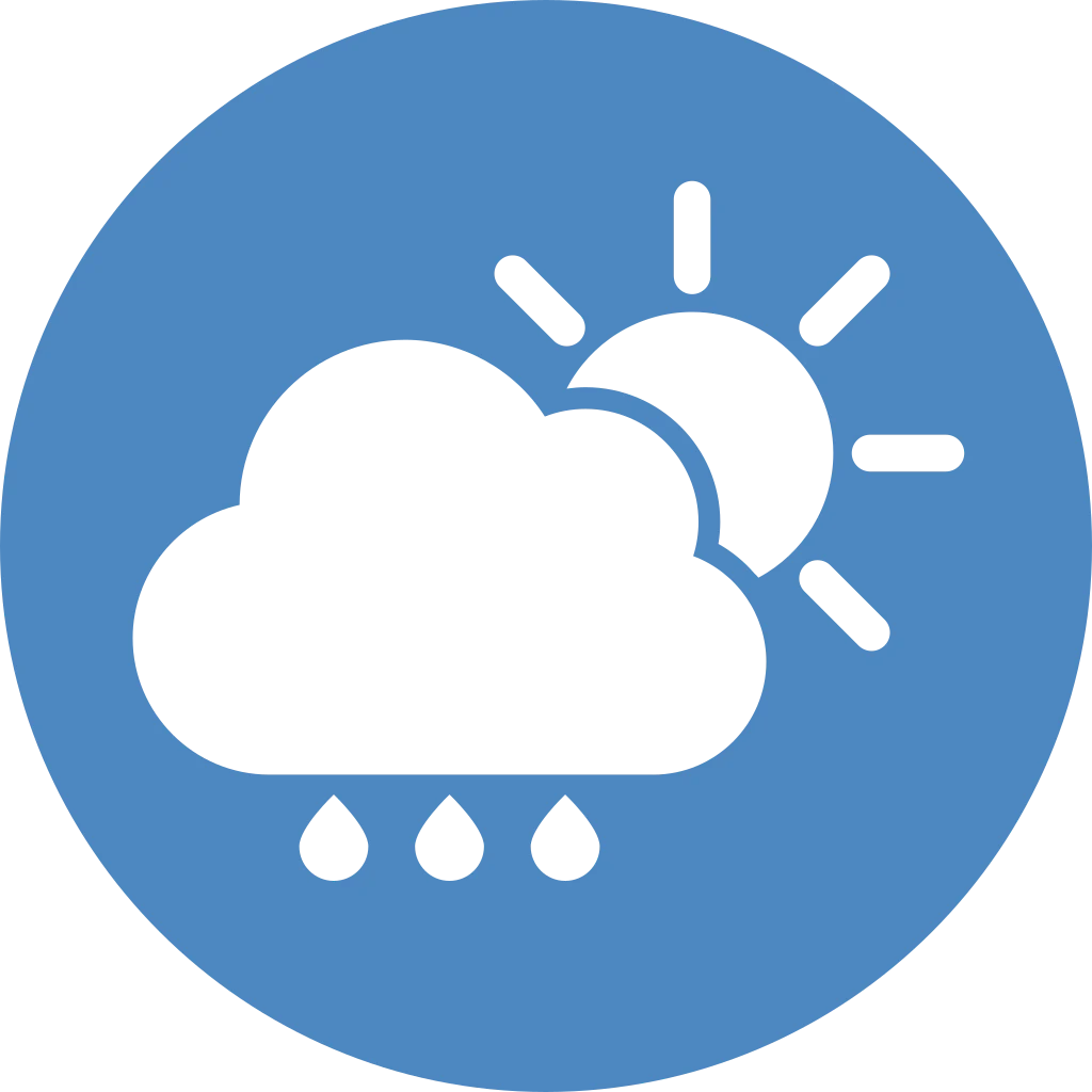 White icon of a cloud with raindrops and a partially visible sun inside a blue circle