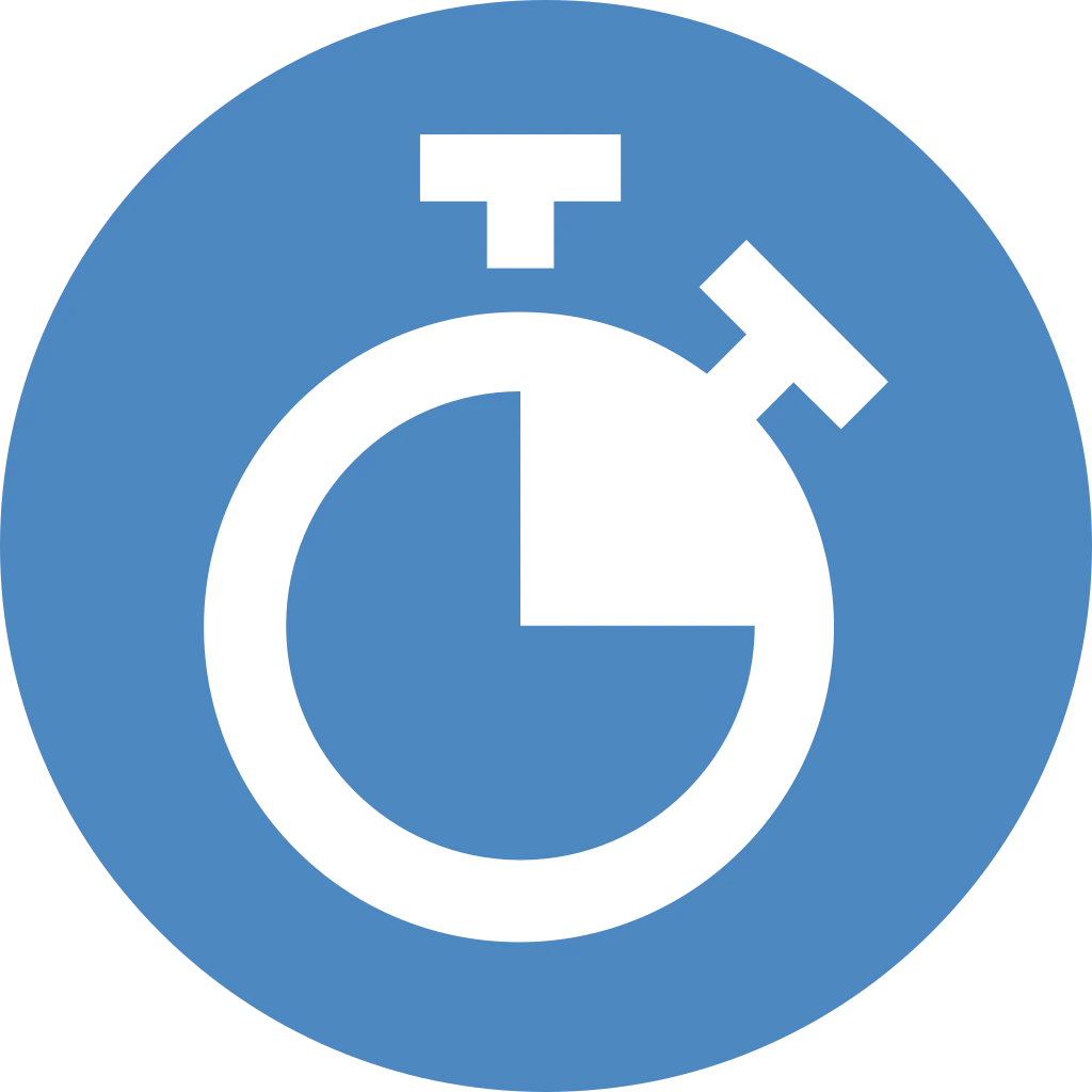 Weißes Symbol einer Stoppuhr mit einem teilweise gefüllten Zifferblatt innerhalb eines blauen Kreises.