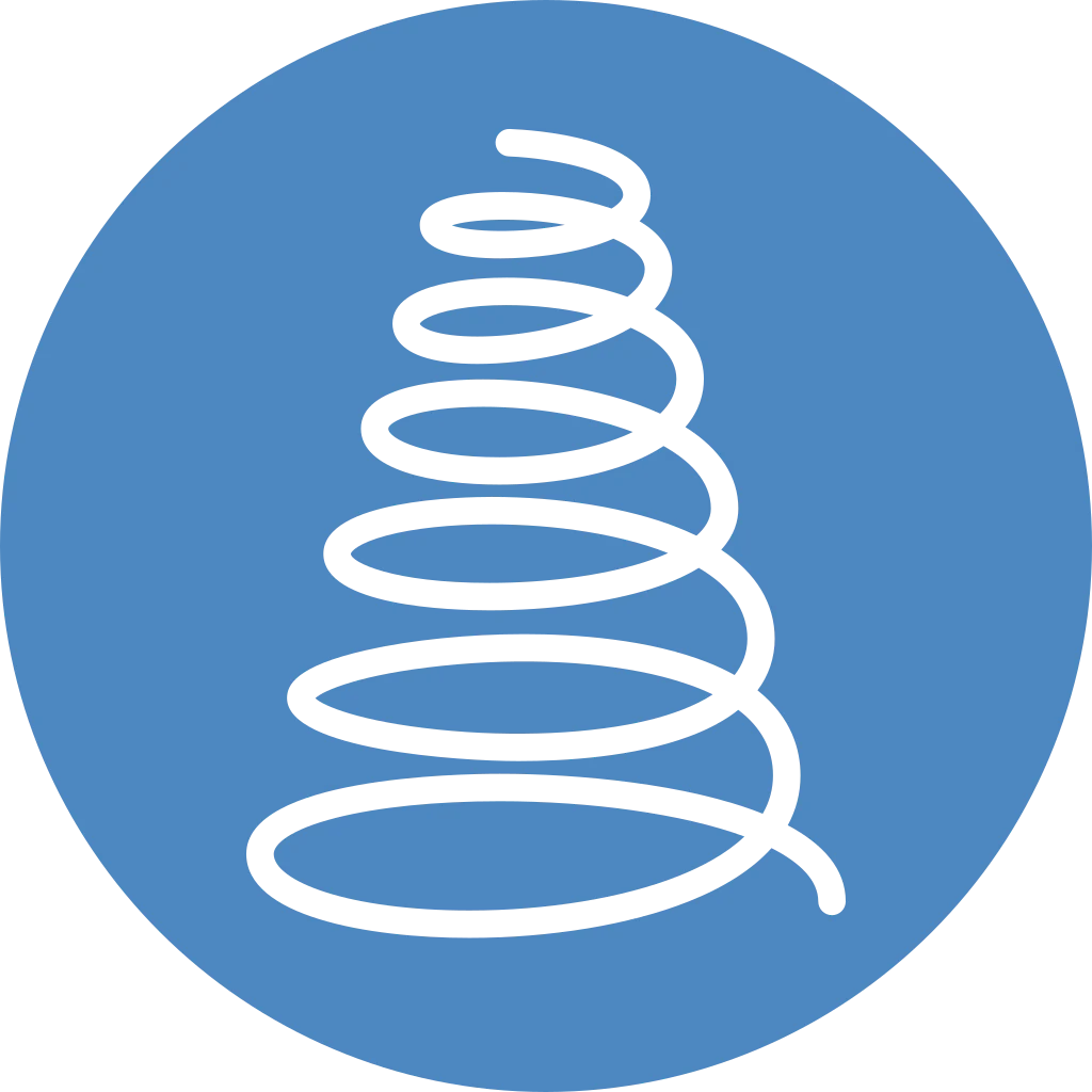 White icon of a coiled cable or spiral wire inside a blue circle
