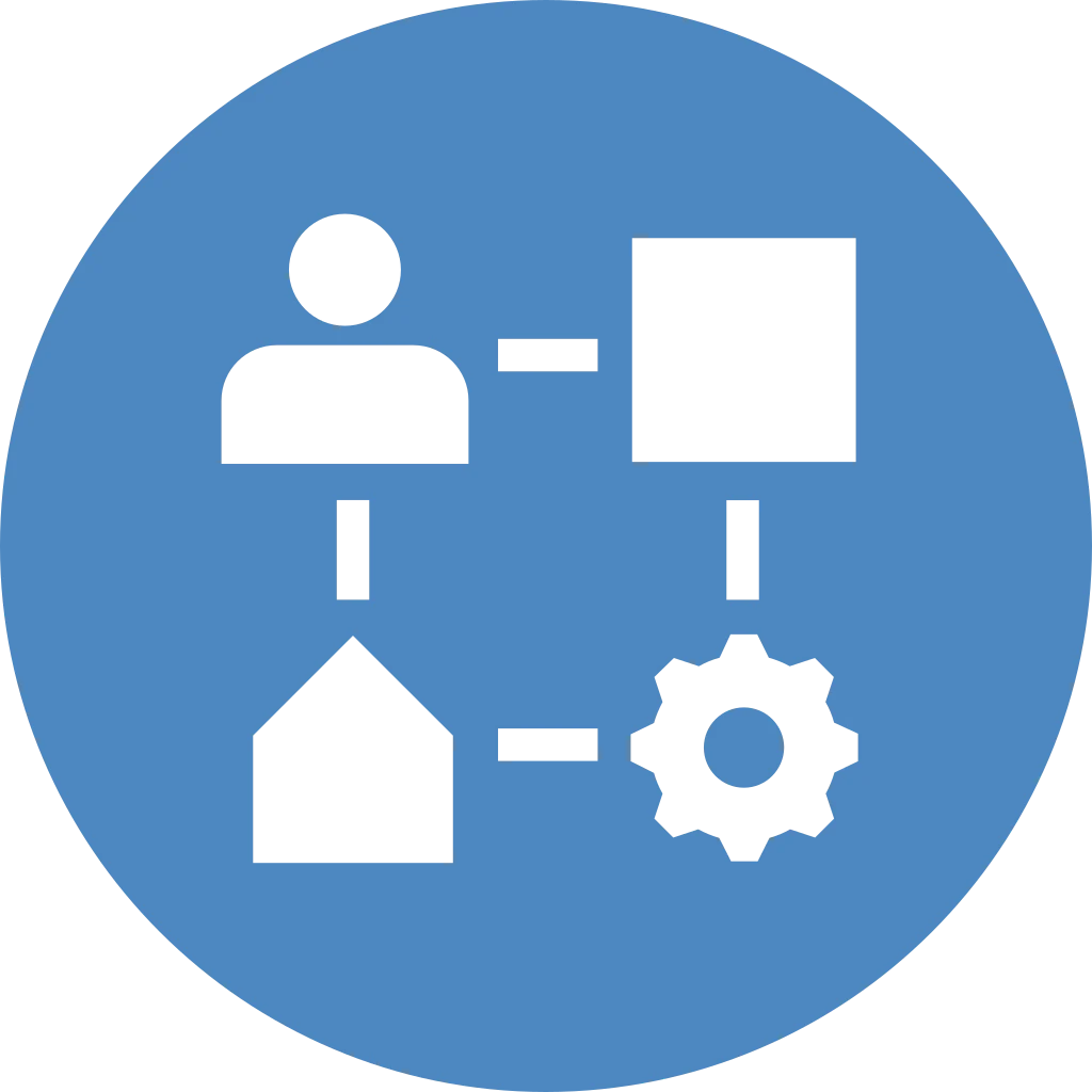 Icon showing human, home, electronic device and operational devices are connected to each other