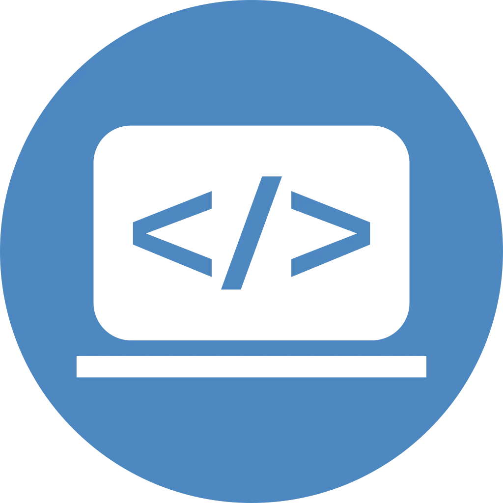 Weisses Icon eines Computerbildschirms mit Code-Klammern in einem blauen Kreis.