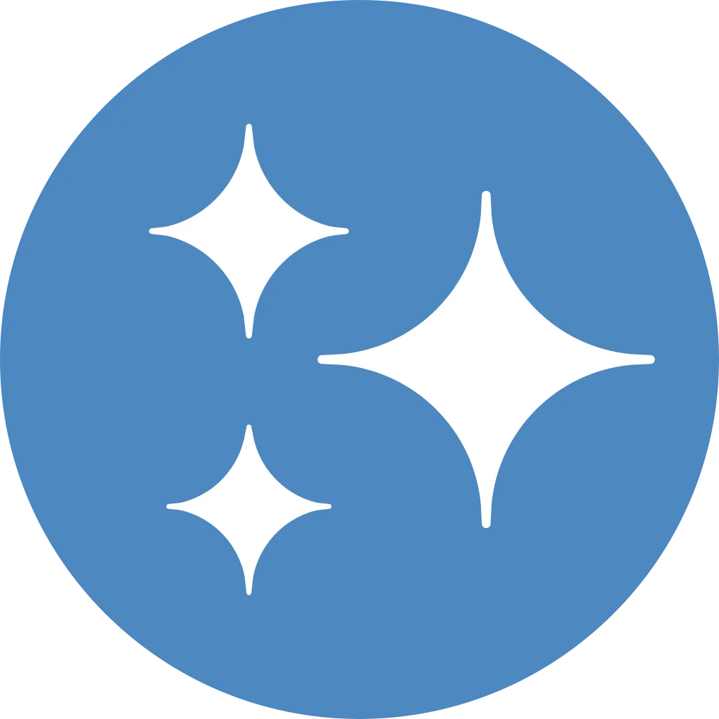 White icon of three sparkling star shapes inside a blue circle